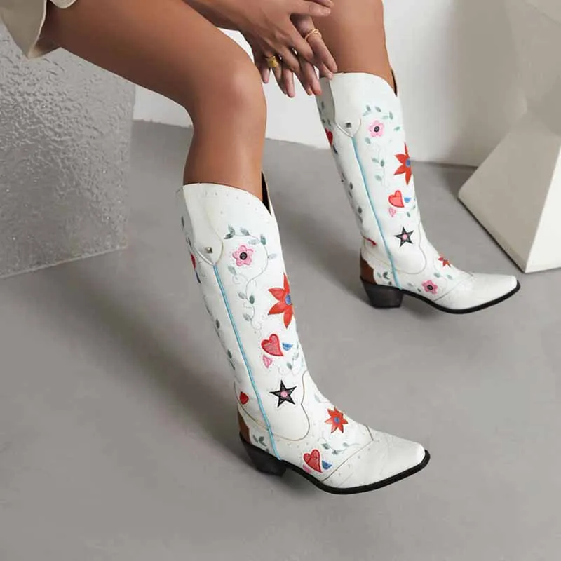 Women Cowboy Boots Block Low Heel Chelsea Knee High Boots Retro Floral Bootie