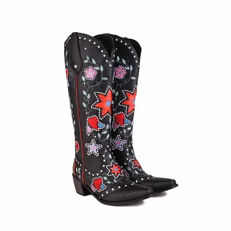 Women Cowboy Boots Block Low Heel Chelsea Knee High Boots Retro Floral Bootie