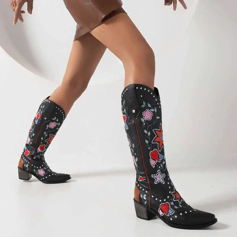Women Cowboy Boots Block Low Heel Chelsea Knee High Boots Retro Floral Bootie
