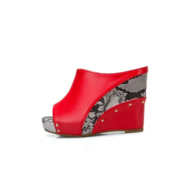 Women's Solid Color Peep Toe Print Rivets Wedge Heel Platform Sandals