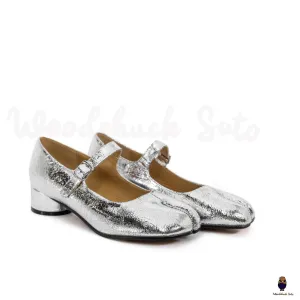 WoodChuckSato Women's Men's Cracked Silver Tabi Split-Toe Sheep Leather Mary Jane Shoes with 3cm Heel & Adjustable Strap Sizes EU 35-41