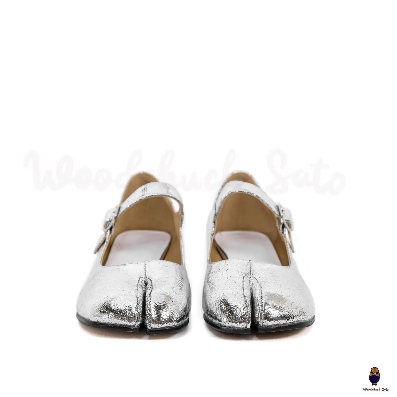 WoodChuckSato Women's Men's Cracked Silver Tabi Split-Toe Sheep Leather Mary Jane Shoes with 3cm Heel & Adjustable Strap Sizes EU 35-41