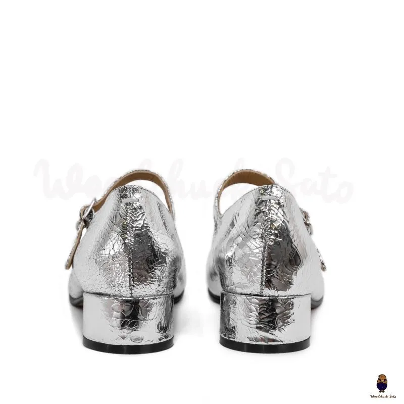 WoodChuckSato Women's Men's Cracked Silver Tabi Split-Toe Sheep Leather Mary Jane Shoes with 3cm Heel & Adjustable Strap Sizes EU 35-41