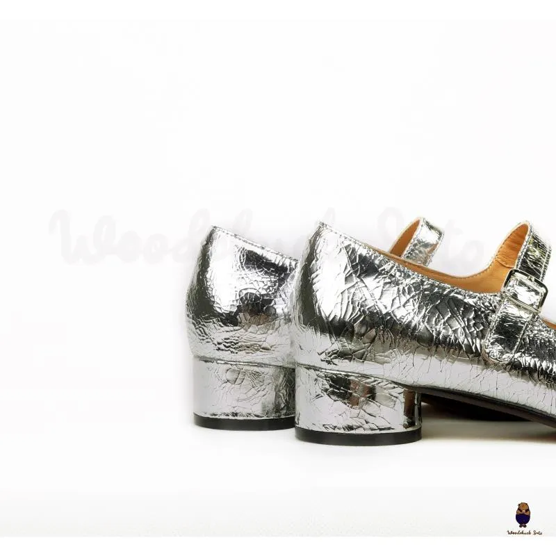 WoodChuckSato Women's Men's Cracked Silver Tabi Split-Toe Sheep Leather Mary Jane Shoes with 3cm Heel & Adjustable Strap Sizes EU 35-41