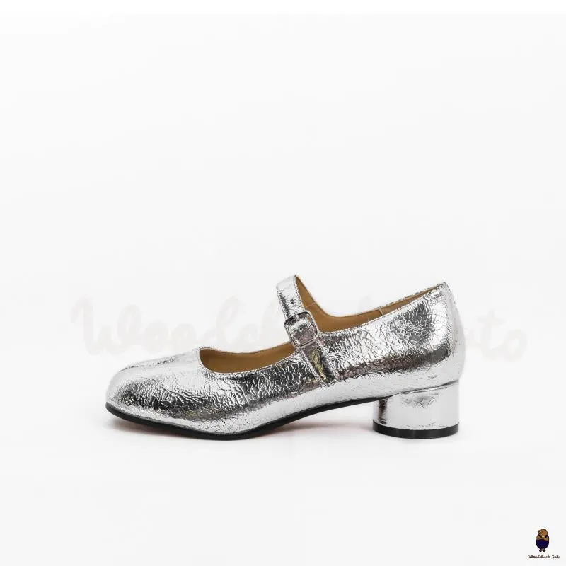 WoodChuckSato Women's Men's Cracked Silver Tabi Split-Toe Sheep Leather Mary Jane Shoes with 3cm Heel & Adjustable Strap Sizes EU 35-41