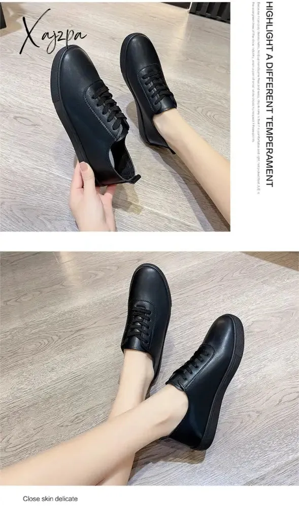 Xajzpa - Women White Shoes Lace Up Casual Sneakers Breathable Board Shoes Soft Vulcanized Flat Shoes Women Zapatos De Mujer 2023
