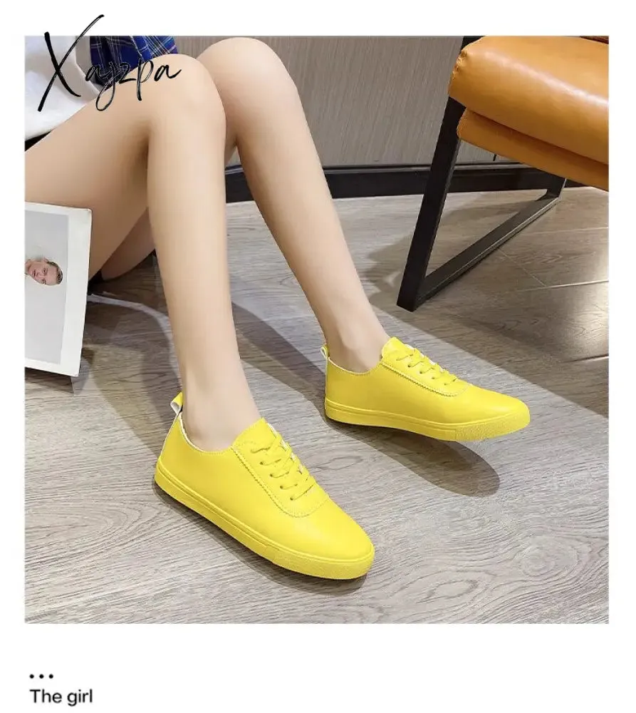 Xajzpa - Women White Shoes Lace Up Casual Sneakers Breathable Board Shoes Soft Vulcanized Flat Shoes Women Zapatos De Mujer 2023