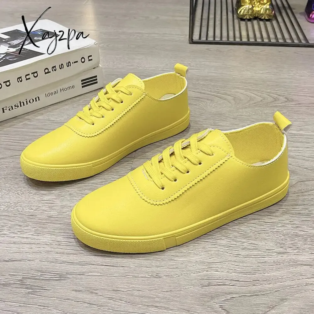 Xajzpa - Women White Shoes Lace Up Casual Sneakers Breathable Board Shoes Soft Vulcanized Flat Shoes Women Zapatos De Mujer 2023