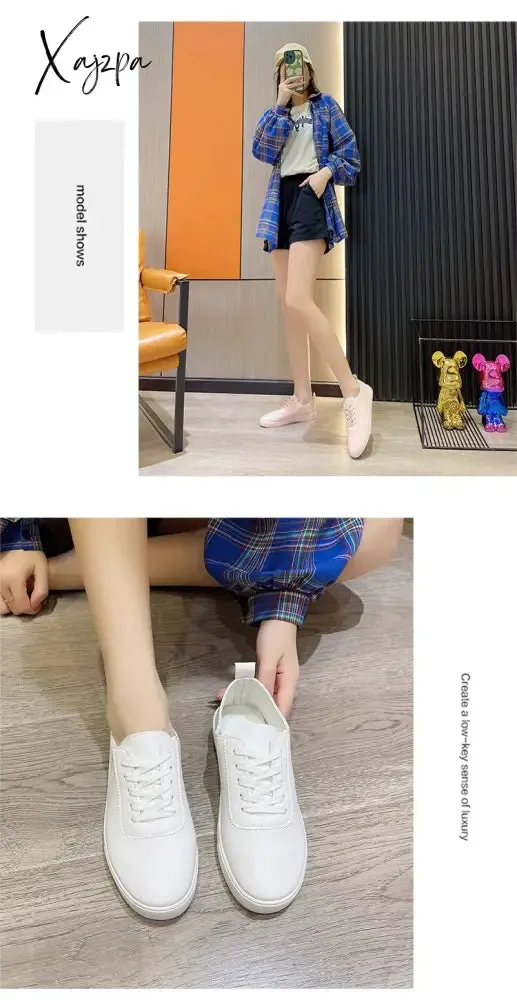 Xajzpa - Women White Shoes Lace Up Casual Sneakers Breathable Board Shoes Soft Vulcanized Flat Shoes Women Zapatos De Mujer 2023