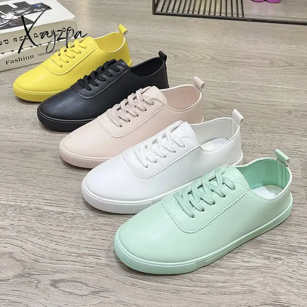 Xajzpa - Women White Shoes Lace Up Casual Sneakers Breathable Board Shoes Soft Vulcanized Flat Shoes Women Zapatos De Mujer 2023